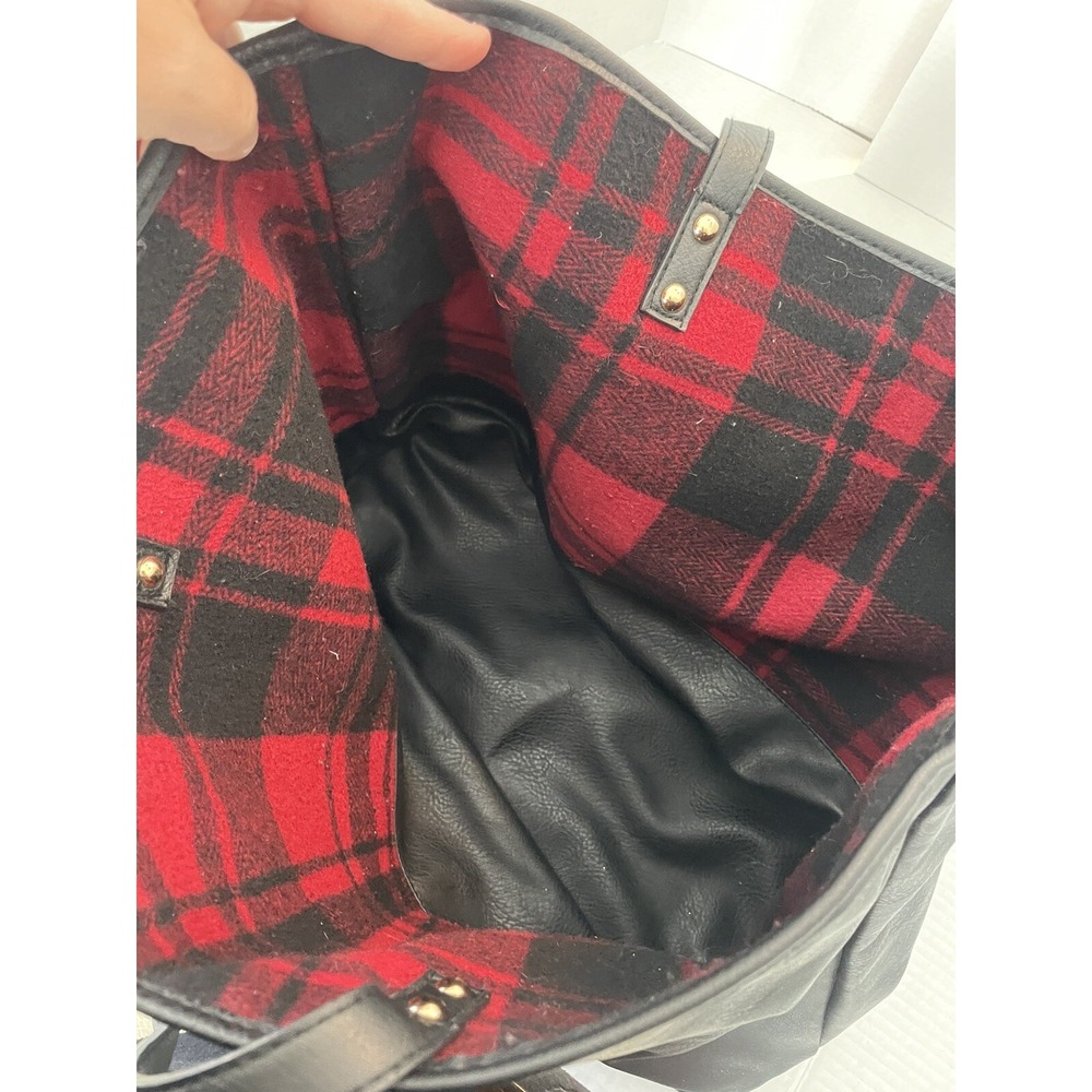 Under One Sky Reversible Black Faux Leather And Red Buffalo Plaid Strap Tote Bag - Picture 12 of 13